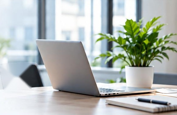 Bureau lumineux avec ordinateur portable et plante