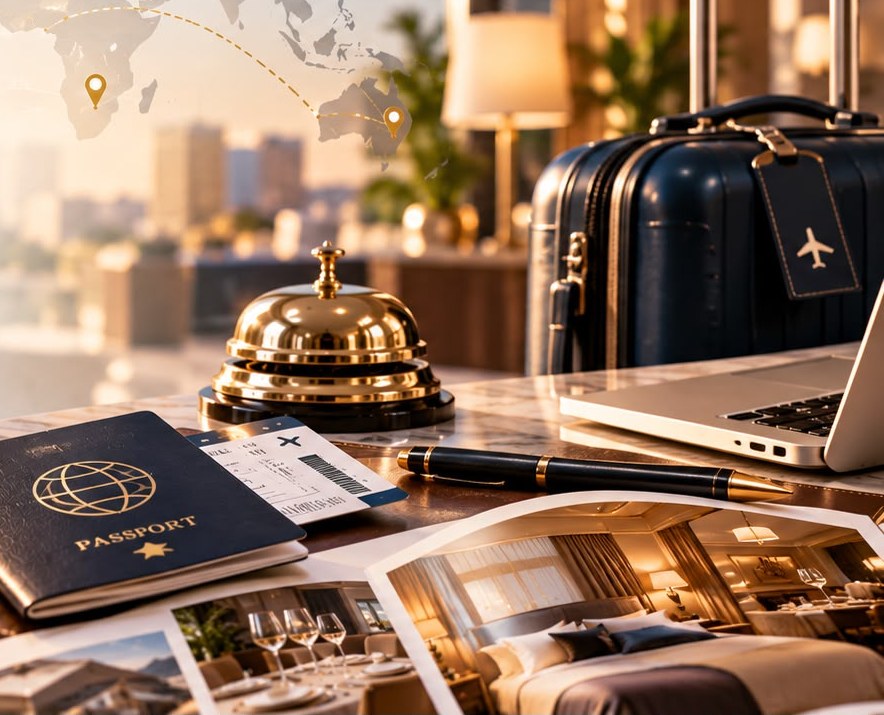 Passeport, carte d’embarquement, valise et cloche de réception sur un comptoir en marbre