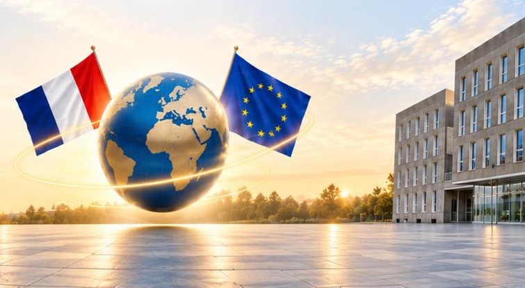Globe entouré des drapeaux français et européen devant le bâtiment de l’école