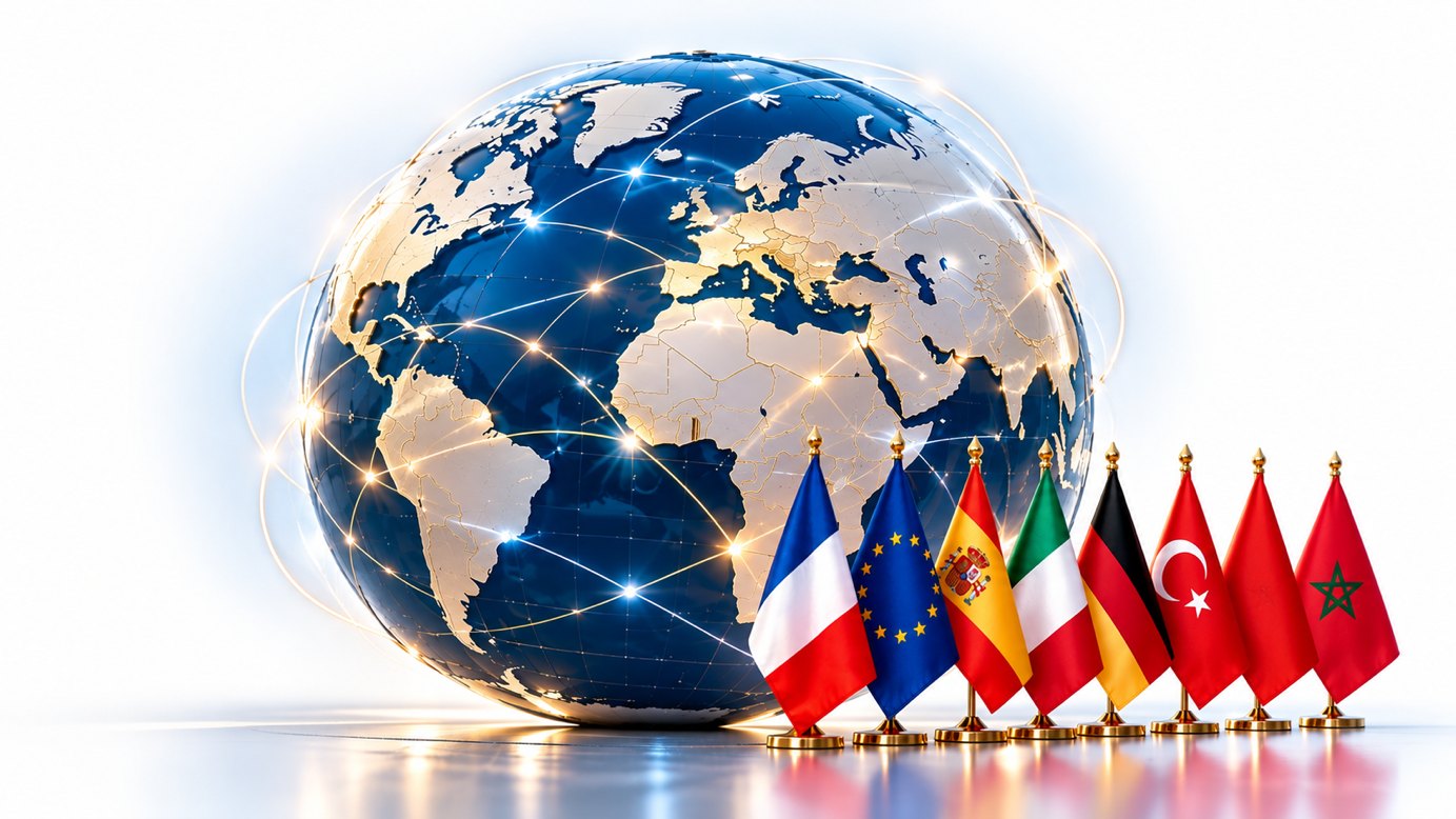 Globe connecté et drapeaux de la France, de l’UE, de l’Espagne, de l’Italie, de l’Allemagne, de la Turquie et du Maroc