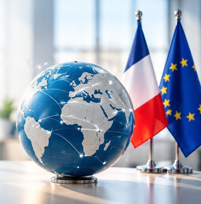 Globe connecté avec les drapeaux français et européen