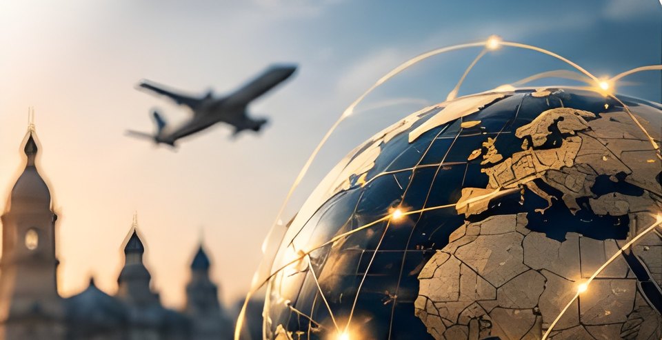 Globe et avion au-dessus d’une ville européenne