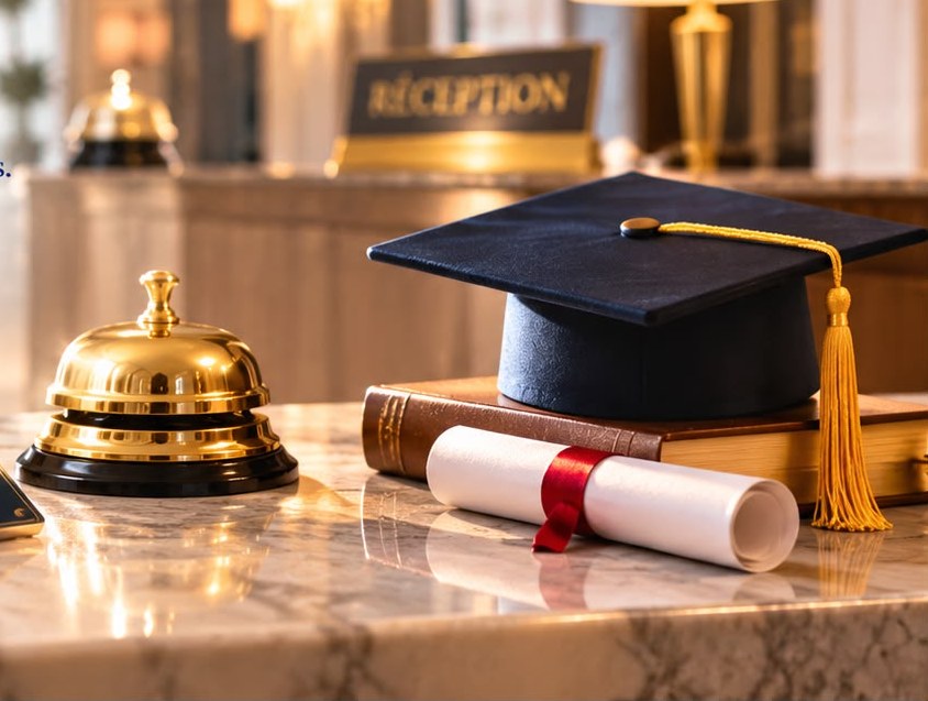 Comptoir de réception d’hôtel avec cloche, toque de diplômé et diplôme